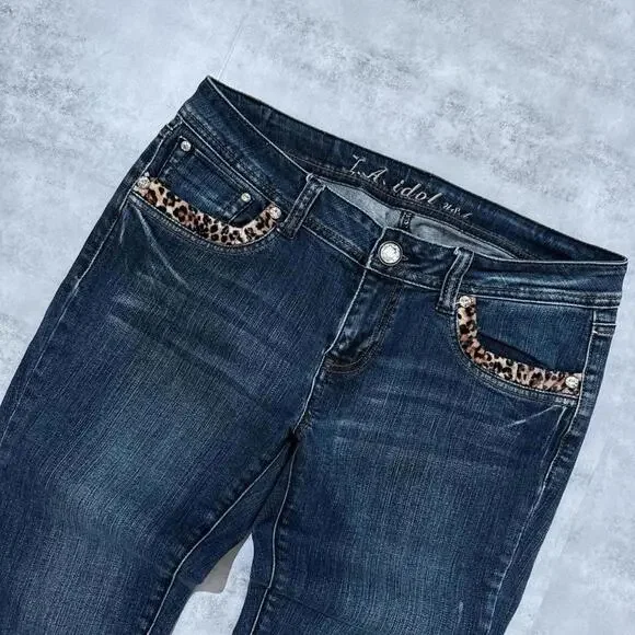 Y2K LA Idol Bluee Leopard Print 00s Denim Jeans - Picture 7 of 8